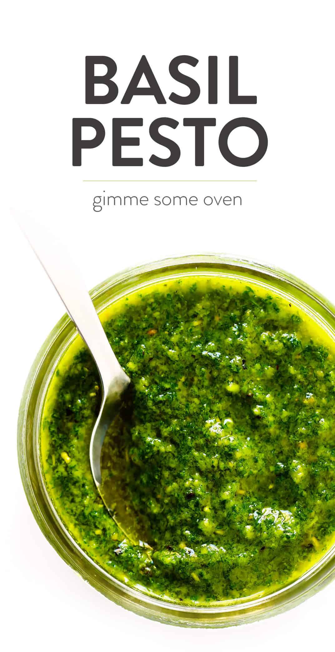 Learn how to make pesto with this classic Italian fresh basil pesto recipe. It's easy to make in the blender or food processor, and perfect for using as a pesto sauce for pasta, pizza, chicken, potatoes...you name it! | gimmesomeoven.com #pesto #sauce #italian #recipe #dinner #mealprep #summer #vegetarian #healthy Basil Pesto Recipe