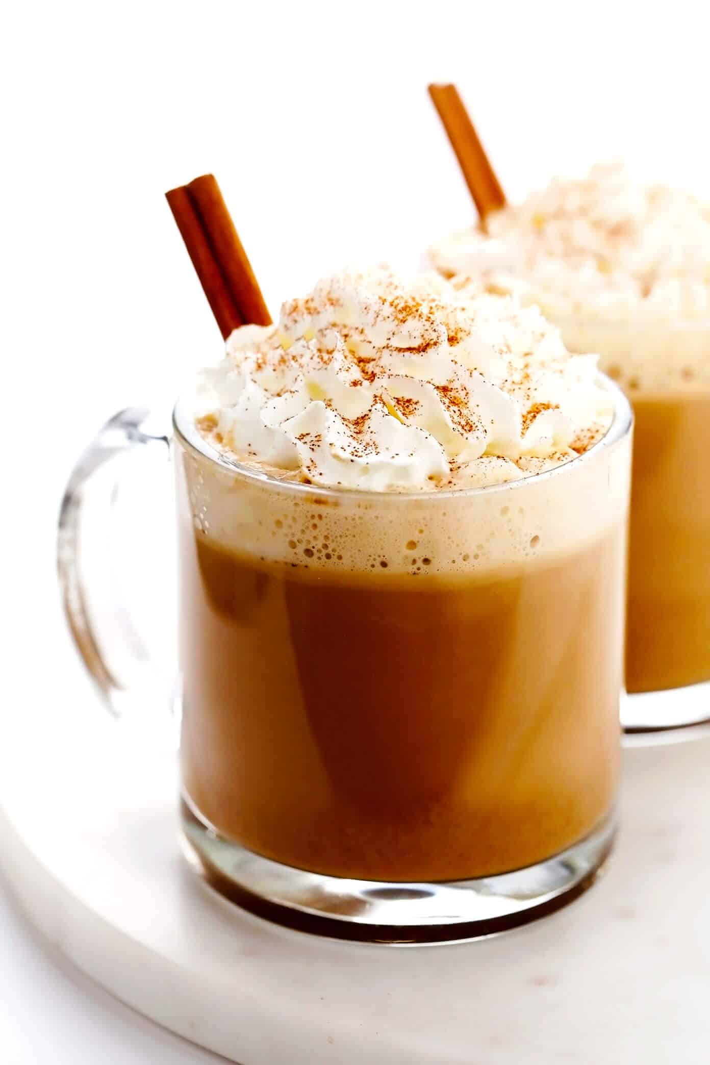 This homemade pumpkin spice latte recipe is inspired by the Starbucks version, yet lightened up a bit and naturally sweetened with maple syrup. Feel free to use your favorite kind of milk and make your drink with either espresso or very strongly brewed coffee. | gimmesomeoven.com Homemade Pumpkin Spice Latte