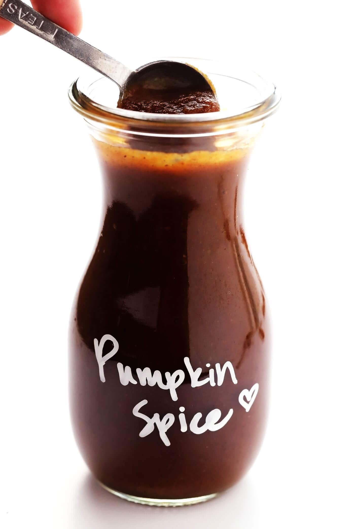 This homemade pumpkin spice latte recipe is inspired by the Starbucks version, yet lightened up a bit and naturally sweetened with maple syrup. Feel free to use your favorite kind of milk and make your drink with either espresso or very strongly brewed coffee. | gimmesomeoven.com Pumpkin Spice Syrup
