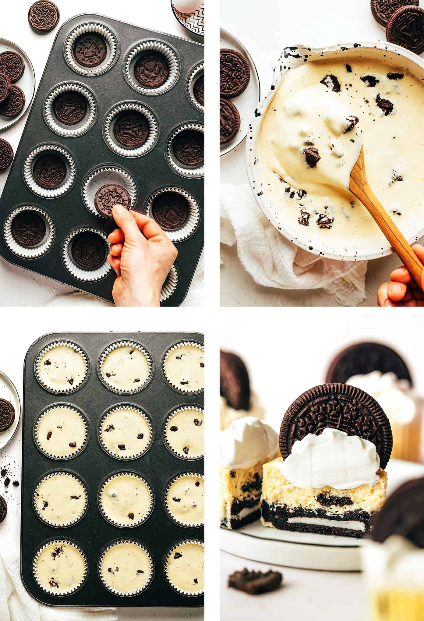 These mini Oreo cheesecakes are easy to make with a delicious mix of cookies and cream, featuring a whole chocolate Oreo as the "crust." Such a fun, simple, and delicious make-ahead dessert! | gimmesomeoven.com Step by step photos showing how to make mini cheesecakes