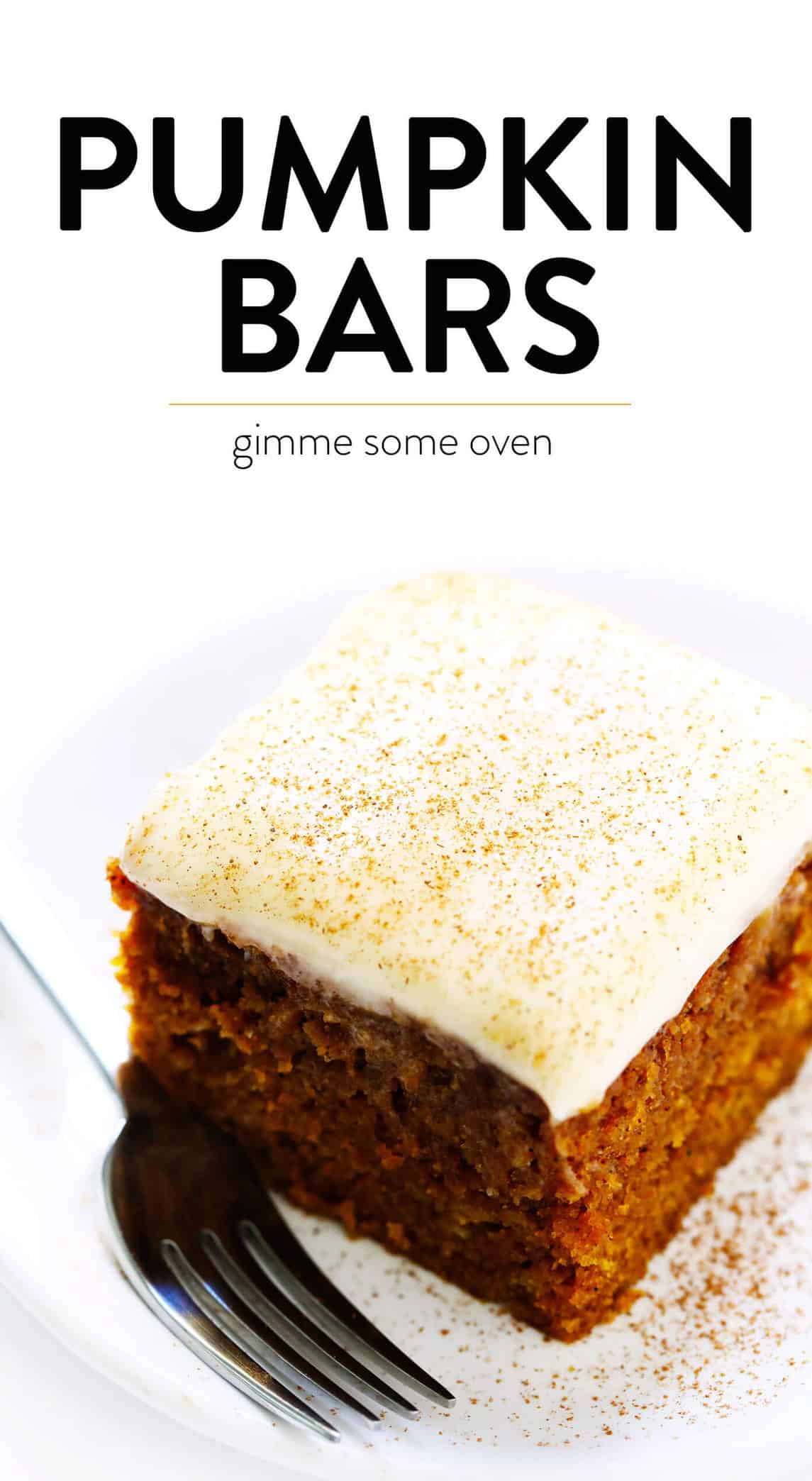 The BEST pumpkin bars recipe! They are nice and moist, made with the perfect amount of pumpkin spice, and topped with the most heavenly cream cheese frosting. The perfect fall or Thanksgiving dessert! | gimmesomeoven.com #pumpkin #bars #dessert #creamcheese #frosting #thanksgiving #fall #baking #cake The Best Pumpkin Bars
