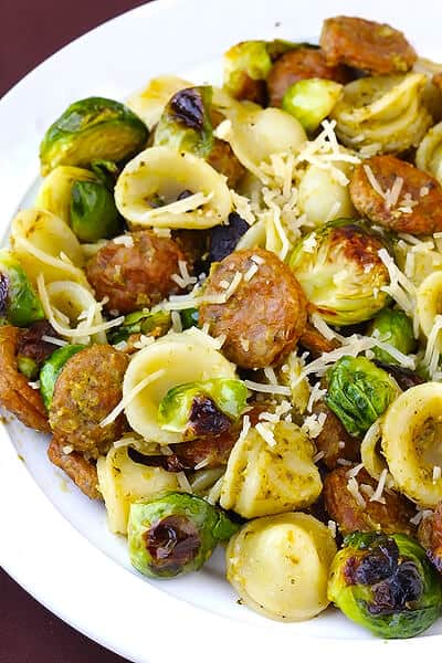 Pesto Pasta With Chicken Sausage & Roasted Brussels Sprouts | gimmesomeoven.com
