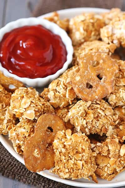 Pretzel-Crusted Chicken Nuggets {Gimme Some Oven}