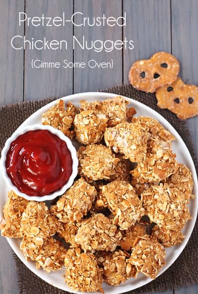 Pretzel-Crusted Chicken Nuggets {Gimme Some Oven}