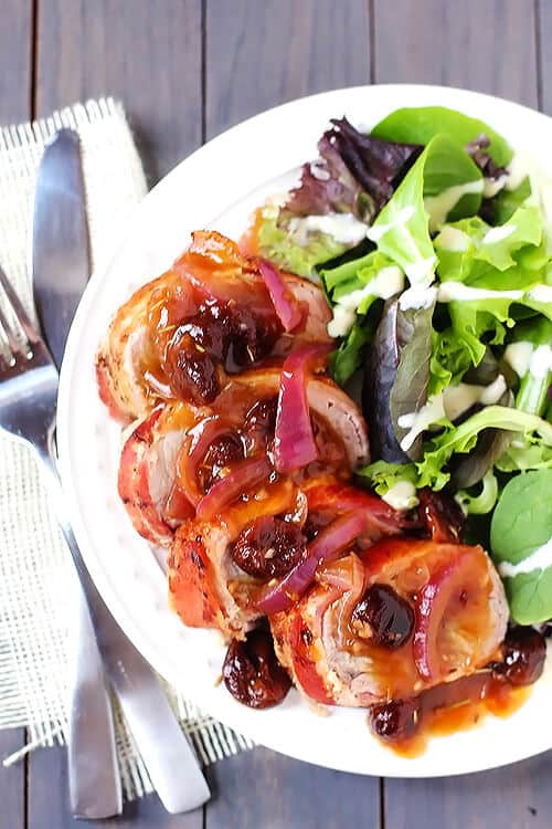 Maple Bacon-Wrapped Pork Tenderloin with Rosemary Cherry Sauce | gimmesomeoven.com