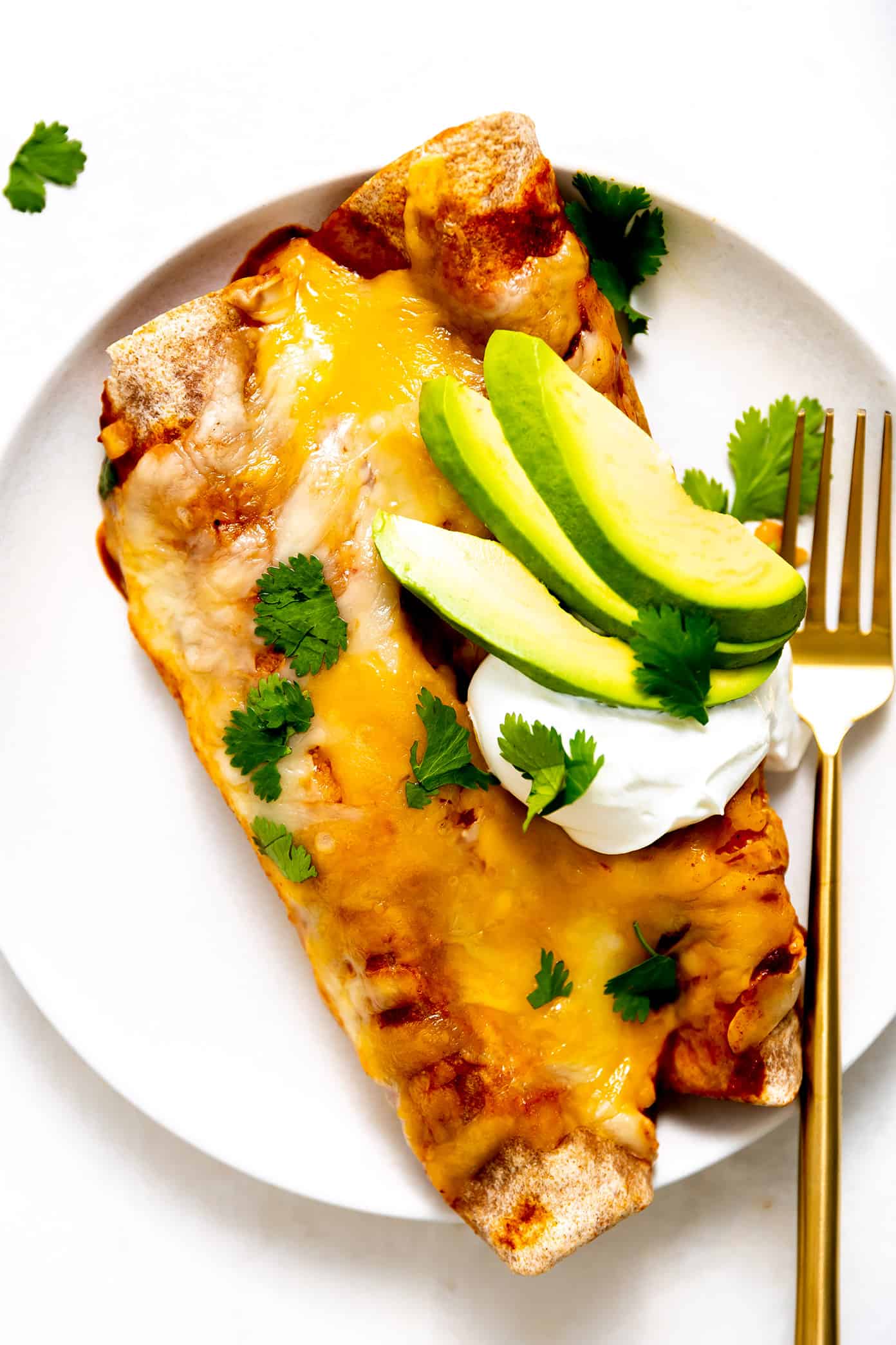 This Tex-Mex-inspired roasted vegetable enchiladas recipe is easy to customize with your choice of veggies, beans, cheese. Always a delicious vegetarian dinner recipe! | gimmesomeoven.com Vegetarian Enchiladas with Avocado on Plate