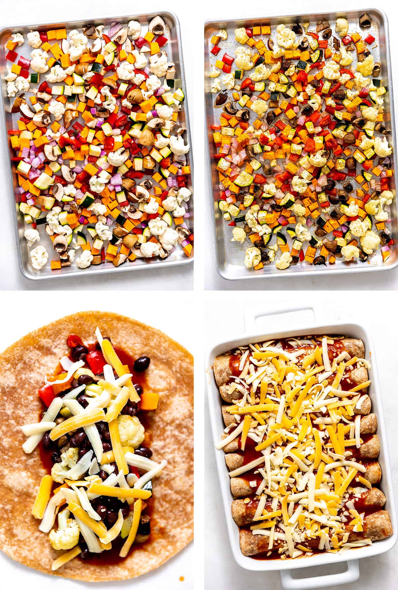 This Tex-Mex-inspired roasted vegetable enchiladas recipe is easy to customize with your choice of veggies, beans, cheese. Always a delicious vegetarian dinner recipe! | gimmesomeoven.com Step by step photos showing how to make roasted veggie enchiladas