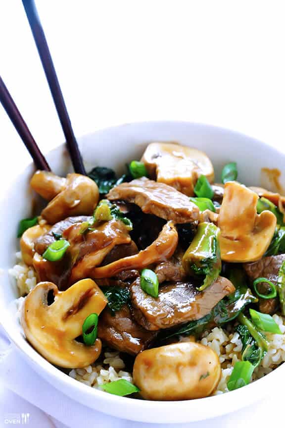 Ginger Beef, Mushroom & Kale Stir Fry | gimmesomeoven.com