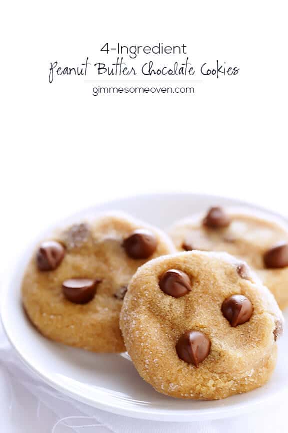 4-Ingredient Peanut Butter Chocolate Chip Cookies | gimmesomeoven.com 4-Ingredient Peanut Butter Chocolate Chip Cookies | gimmesomeoven.com