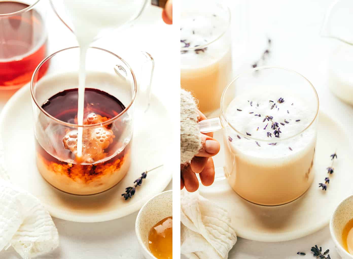 This cozy London Fog (Earl Grey) latte recipe is easy to make hot or iced and brewed with a lovely hint of lavender, vanilla, honey and your choice of milk. It's the perfect cozy drink to warm you up in the winter or a refreshing drink to cool off in the summer, and always so delicious! | gimmesomeoven.com Brewing a hot London Fog Latte