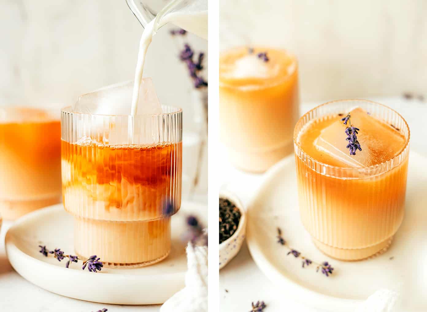 This cozy London Fog (Earl Grey) latte recipe is easy to make hot or iced and brewed with a lovely hint of lavender, vanilla, honey and your choice of milk. It's the perfect cozy drink to warm you up in the winter or a refreshing drink to cool off in the summer, and always so delicious! | gimmesomeoven.com Brewing an Iced London Fog Latte