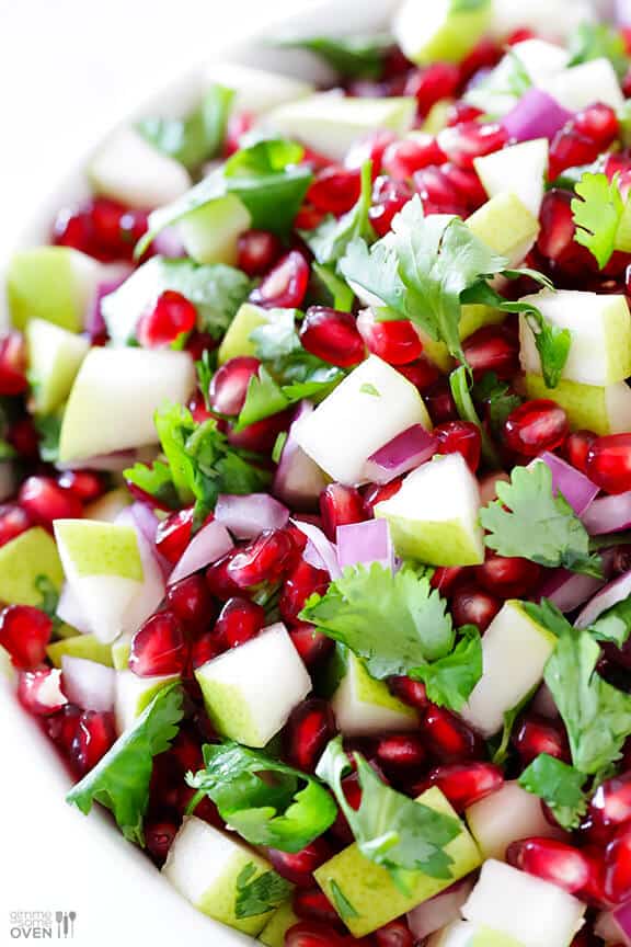 5-Ingredient Pear Pomegranate Salsa -- made with five fresh and tasty ingredients! gimmesomeoven.com 5-Ingredient Pear Pomegranate Salsa -- made with five fresh and tasty ingredients! gimmesomeoven.com