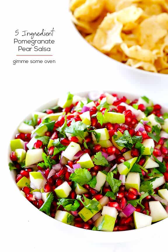 5-Ingredient Pear Pomegranate Salsa -- made with five fresh and tasty ingredients! gimmesomeoven.com 5-Ingredient Pear Pomegranate Salsa -- made with five fresh and tasty ingredients! gimmesomeoven.com