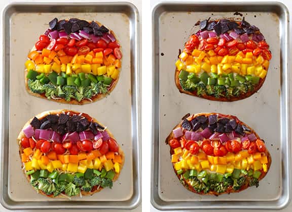 Rainbow Veggie Flatbread Pizza - quick, healthier, and SO tasty! | gimmesomeoven.com Rainbow Veggie Flatbread Pizza - quick, healthier, and SO tasty! | gimmesomeoven.com