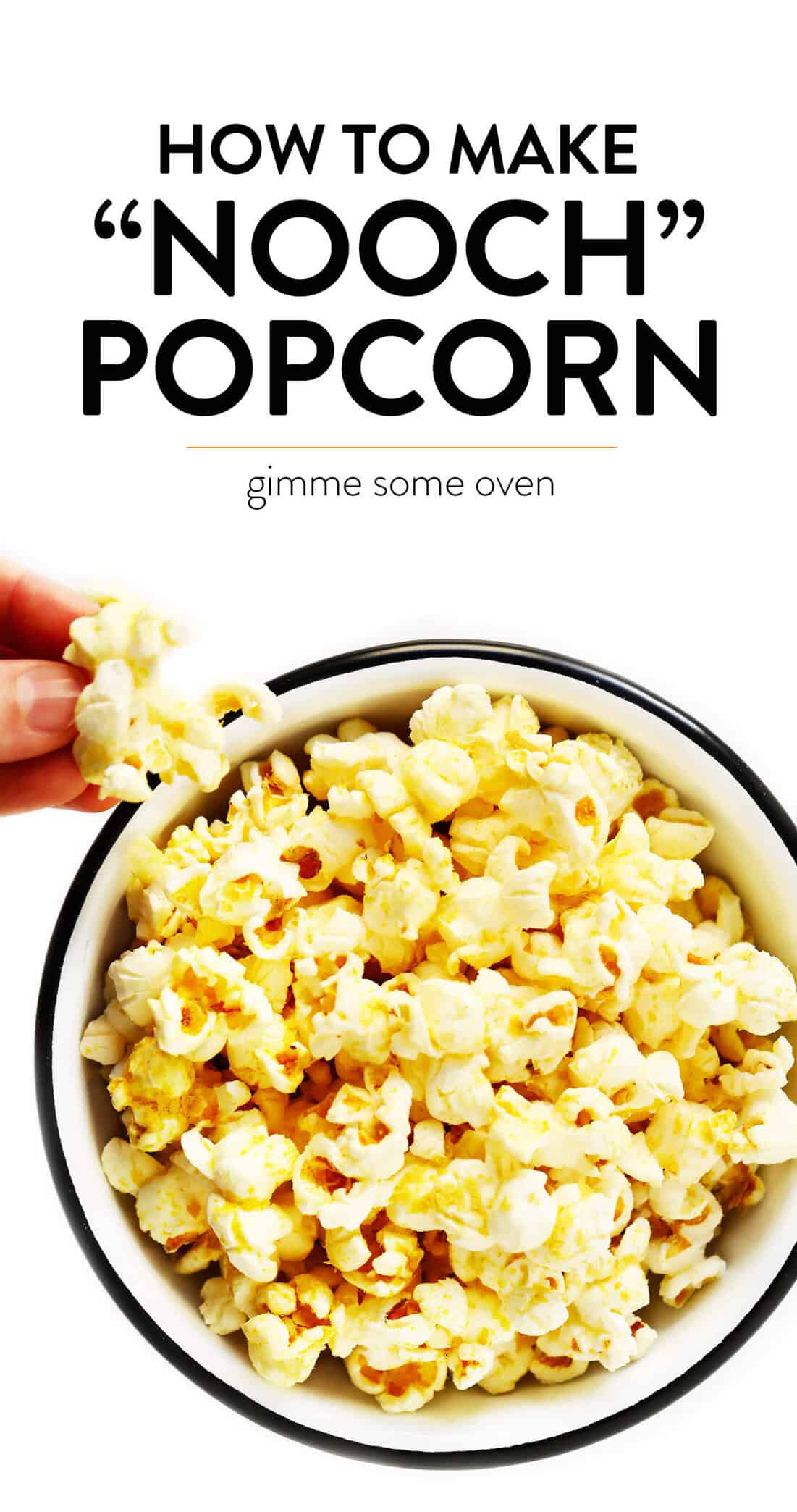 The BEST popcorn recipe!! It super easy to make on the stovetop in 5 minutes with just "nooch" (nutritional yeast) instead of butter, coconut oil, popcorn and salt. Naturally vegan and gluten-free, and totally addictive! | gimmesomeoven.com #popcorn #healthy #snack #vegan #glutenfree Nooch Popcorn Recipe