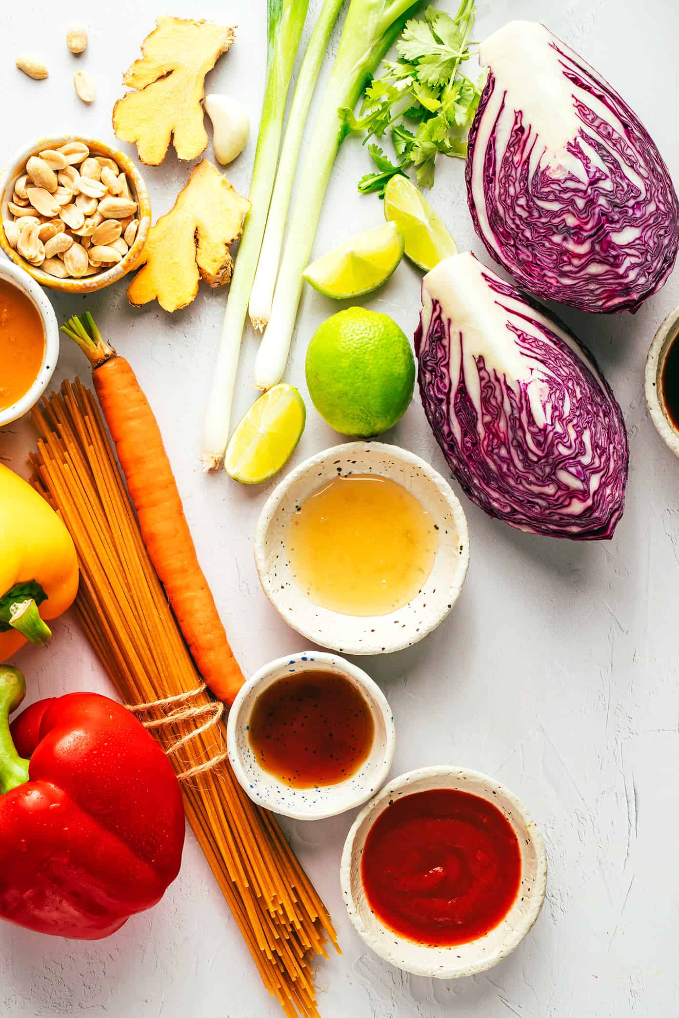 This rainbow peanut noodles recipe is made with colorful fresh veggies, your choice of noodles, and the most irresistible sesame-lime peanut sauce. Feel free to add in a protein (chicken, shrimp, beef, tofu, etc), serve warm or cold, and use whatever colorful vegetables you have on hand. Perfect for easy meal prep too! | gimmesomeoven.com Rainbow Peanut Noodles Ingredients