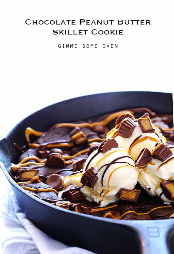 Chocolate Peanut Butter Skillet Cookie | gimmesomeoven.com #dessert Chocolate Peanut Butter Skillet Cookie | gimmesomeoven.com #dessert