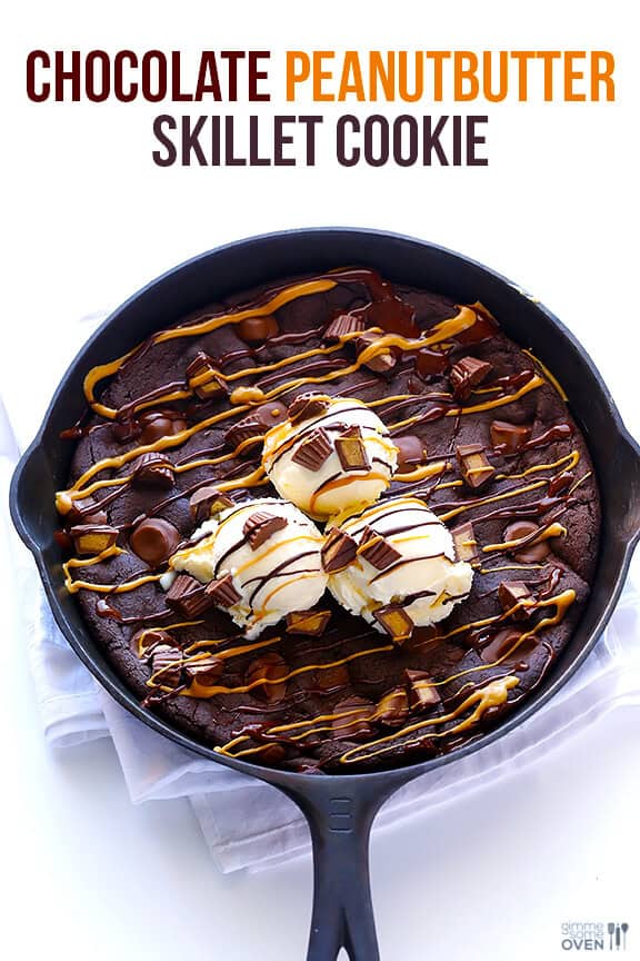 Chocolate Peanut Butter Skillet Cookie | gimmesomeoven.com #dessert Chocolate Peanut Butter Skillet Cookie | gimmesomeoven.com #dessert