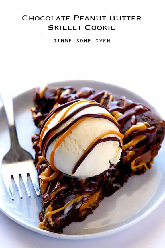 Chocolate Peanut Butter Skillet Cookie | gimmesomeoven.com #dessert Chocolate Peanut Butter Skillet Cookie | gimmesomeoven.com #dessert