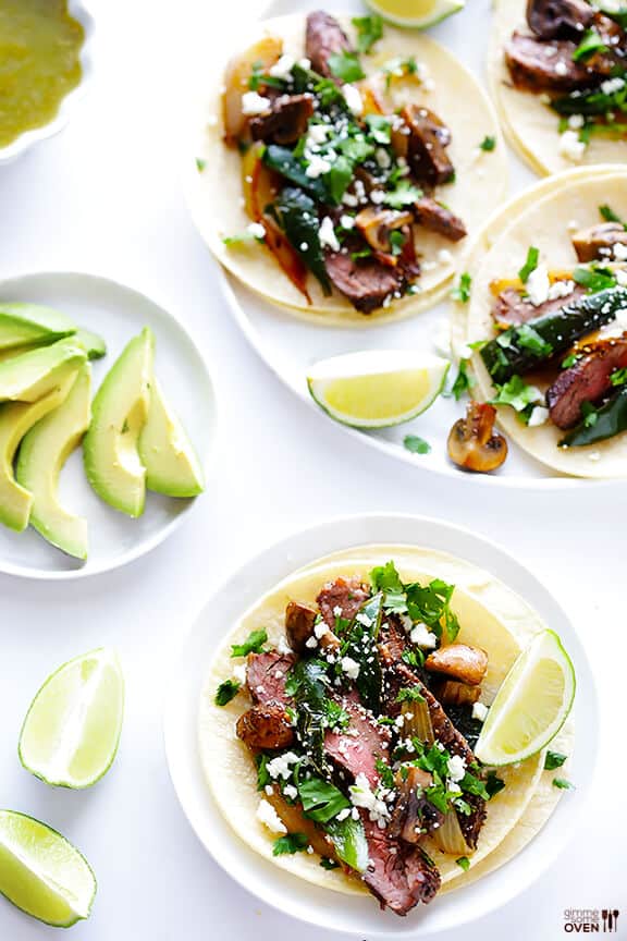 Steak, Poblano and Mushroom Tacos Recipe | gimmesomeoven.com #glutenfree #mexican Steak, Poblano and Mushroom Tacos Recipe | gimmesomeoven.com #glutenfree #mexican