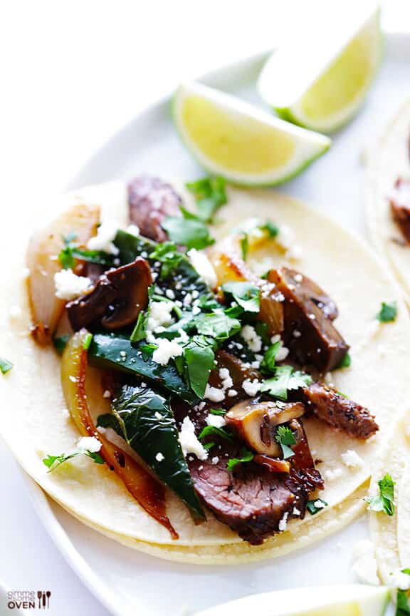 Steak, Poblano and Mushroom Tacos Recipe | gimmesomeoven.com #glutenfree #mexican Steak, Poblano and Mushroom Tacos Recipe | gimmesomeoven.com #glutenfree #mexican