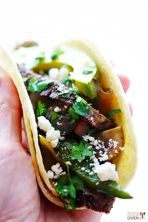 Steak, Poblano and Mushroom Tacos Recipe | gimmesomeoven.com #glutenfree #mexican Steak, Poblano and Mushroom Tacos Recipe | gimmesomeoven.com #glutenfree #mexican