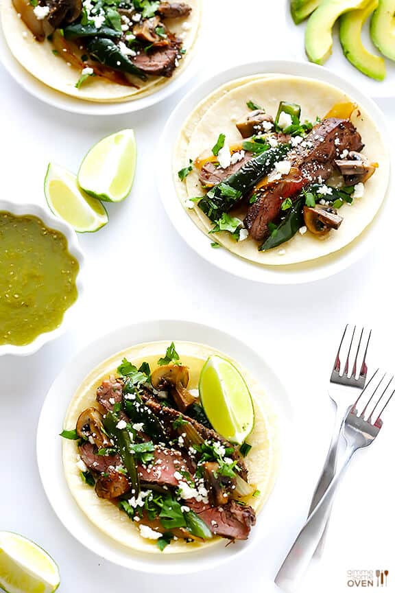 Steak, Poblano and Mushroom Tacos Recipe | gimmesomeoven.com #glutenfree #mexican Steak, Poblano and Mushroom Tacos Recipe | gimmesomeoven.com #glutenfree #mexican