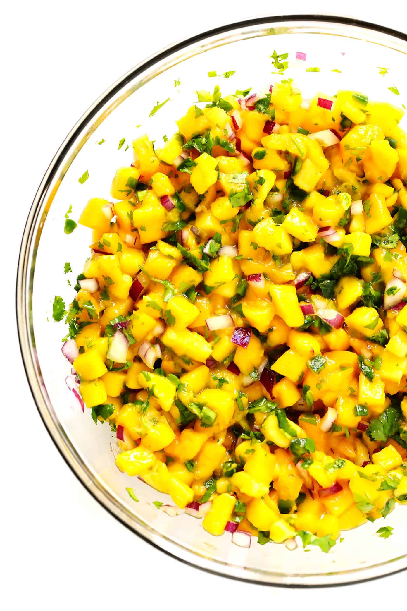 The BEST fresh mango salsa recipe! It's made with just 5-ingredients, and is perfect as a dip or topping for your favorite Mexican dishes. | Gimme Some Oven #mango #salsa #fruit #glutenfree #vegan #mexican #appetizer 5-Ingredient Mango Salsa