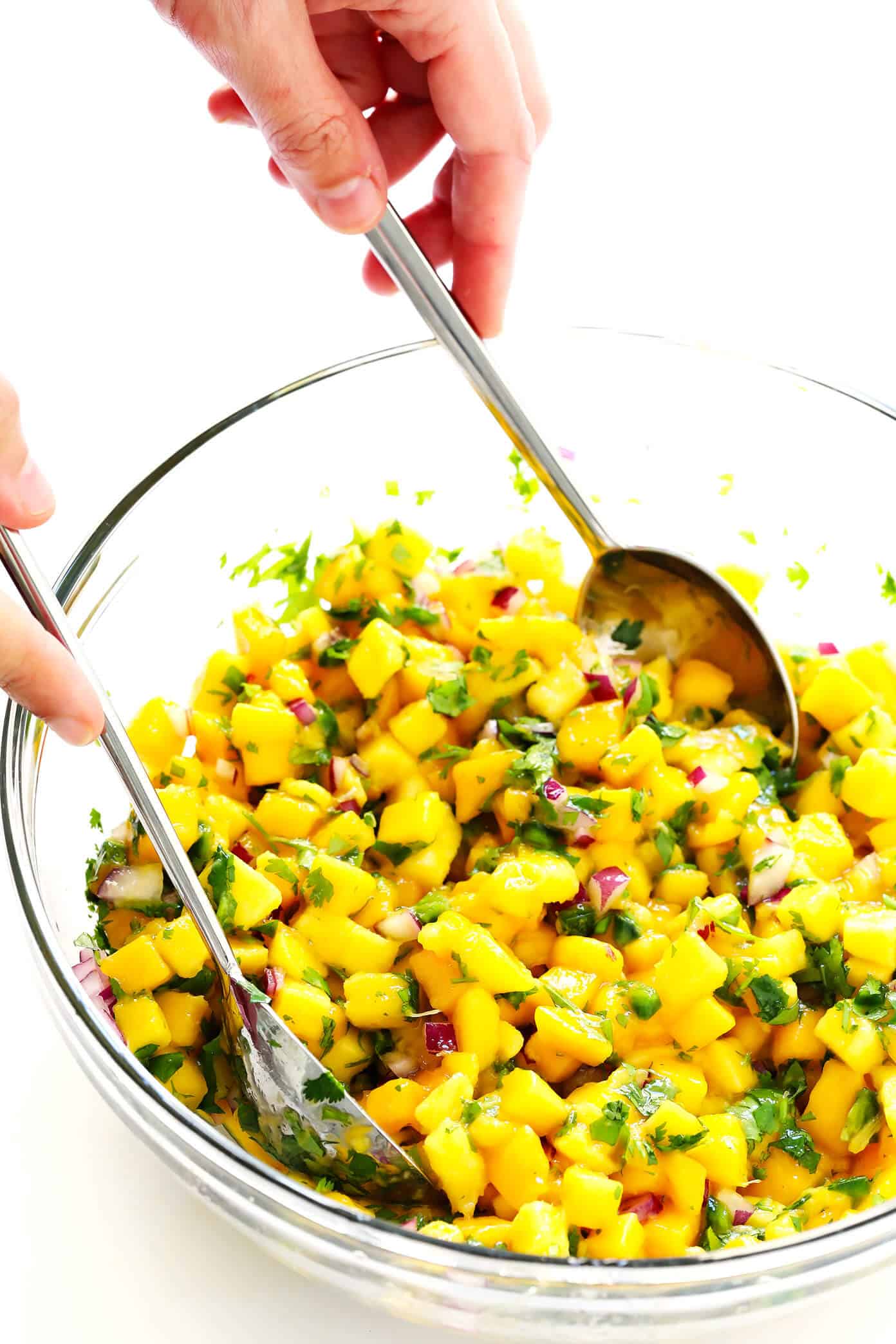 The BEST fresh mango salsa recipe! It's made with just 5-ingredients, and is perfect as a dip or topping for your favorite Mexican dishes. | Gimme Some Oven #mango #salsa #fruit #glutenfree #vegan #mexican #appetizer How To Make Mango Salsa