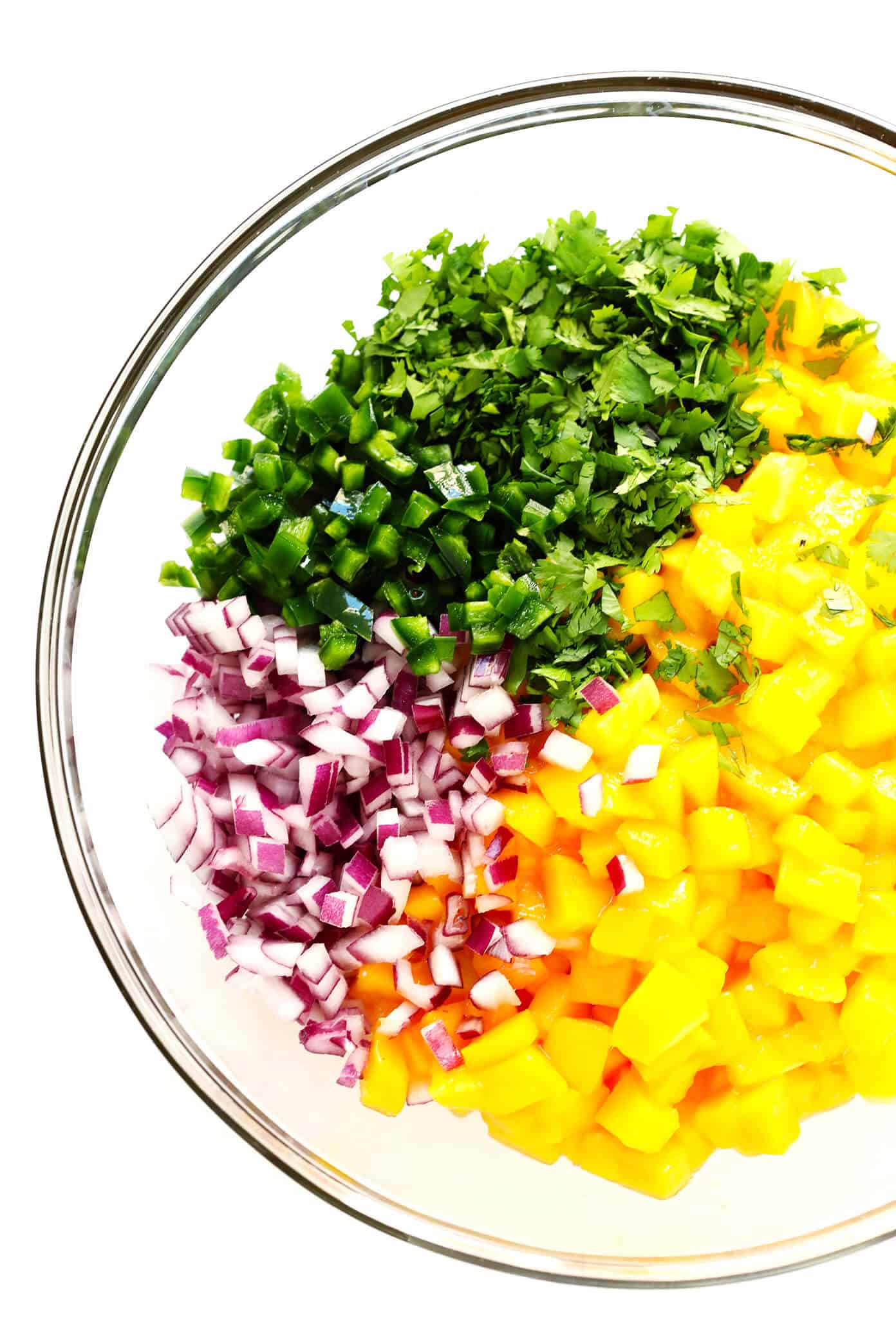 The BEST fresh mango salsa recipe! It's made with just 5-ingredients, and is perfect as a dip or topping for your favorite Mexican dishes. | Gimme Some Oven #mango #salsa #fruit #glutenfree #vegan #mexican #appetizer 5-Ingredient Mango Salsa Recipe Ingredients