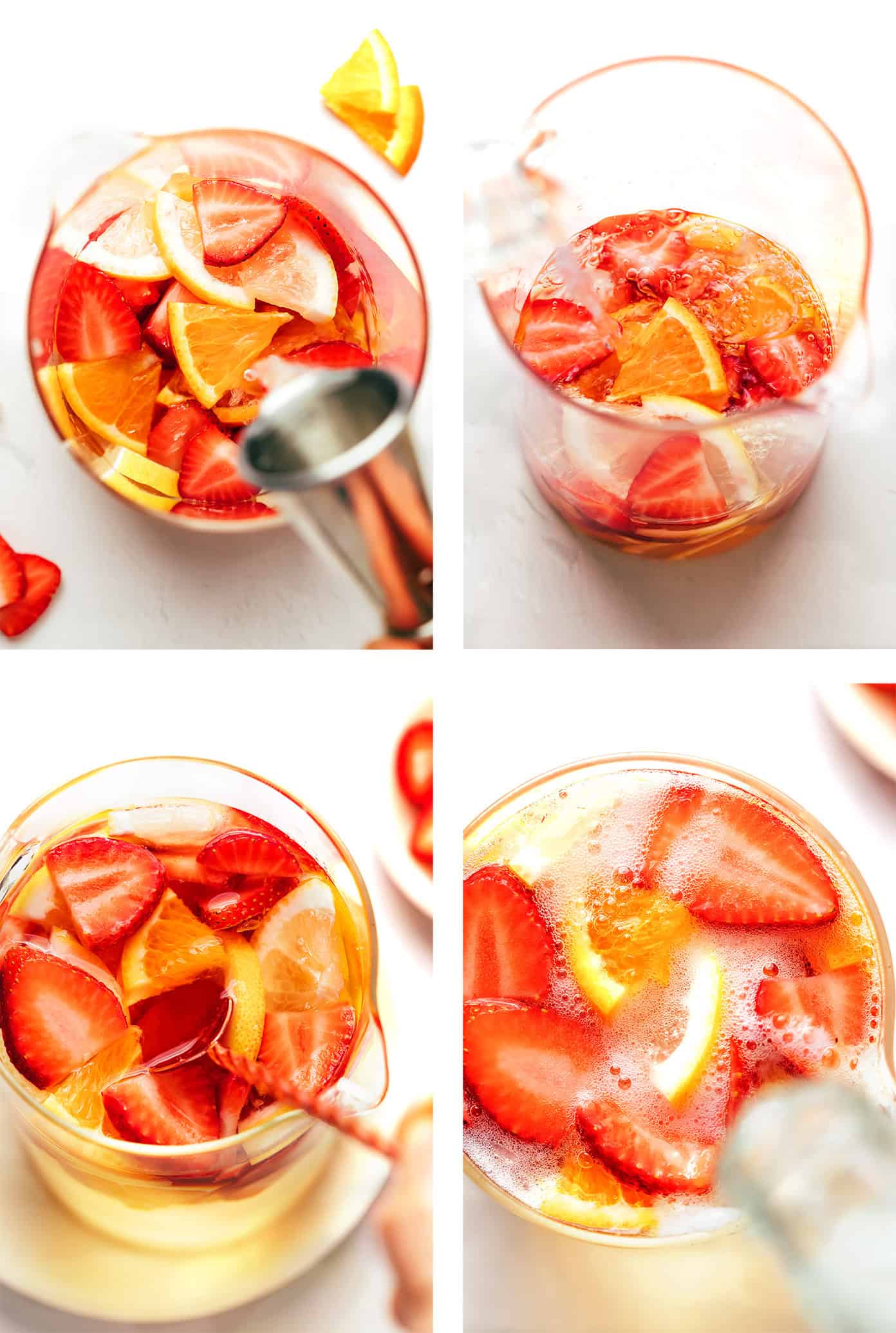 This easy strawberry sangria recipe is made with fresh strawberries, citrus, white wine, and orange liqueur for a refreshing and fruity summer drink. | gimmesomeoven.com step by step photos showing how to make strawberry sangria