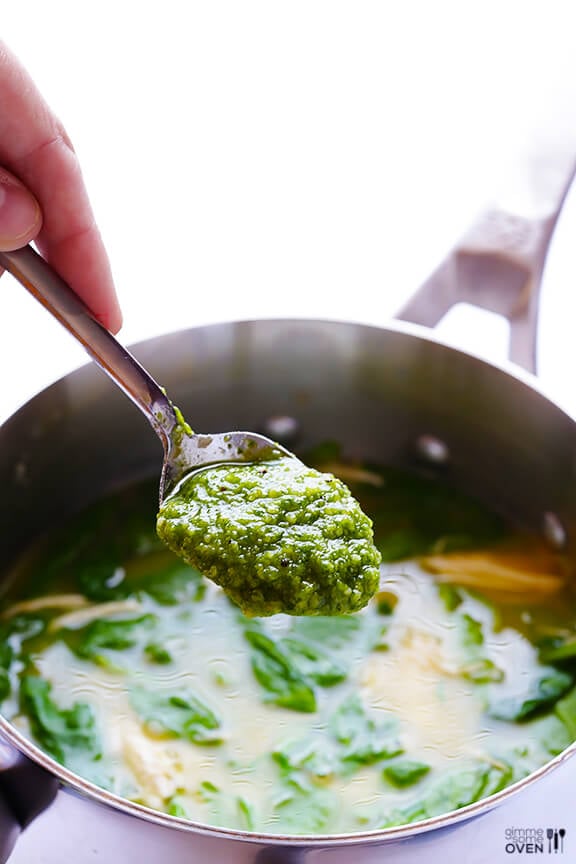 5-Ingredient Pesto Chicken Soup -- seriously one of the best soups I've ever had! | gimmesomeoven.com 5-Ingredient Pesto Chicken Soup -- seriously one of the best soups I've ever had! | gimmesomeoven.com