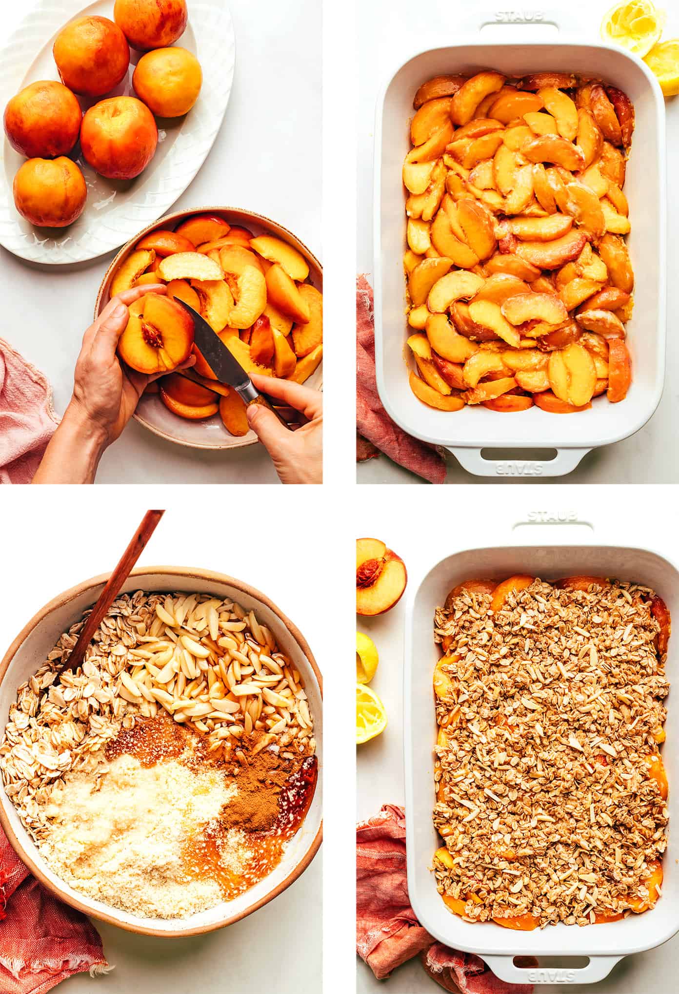 This ginger peach crisp recipe is made with a warm ginger-vanilla peach filling and topped with a crispy almond oat topping. Easy to make, naturally gluten-free and vegan, and SUCH a delicious summer dessert! | gimmesomeoven.com Step by step photos showing how to make peach crisp