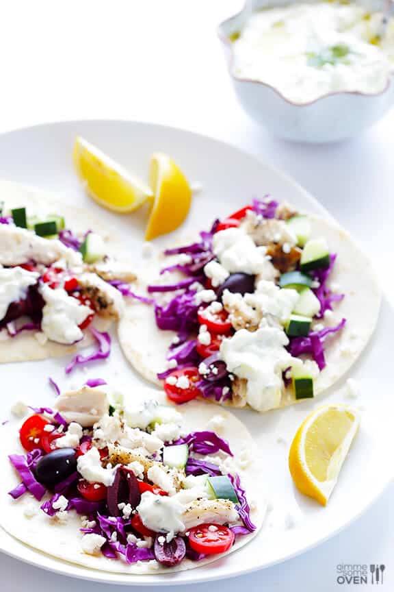 Greek Fish Tacos | gimmesomeoven.com #glutenfree Greek Fish Tacos | gimmesomeoven.com #glutenfree