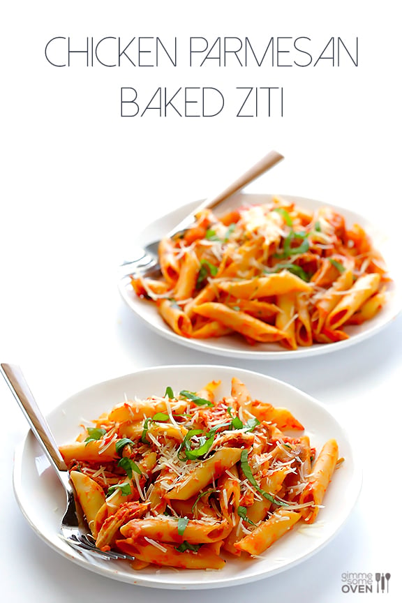 Chicken Parmesan Baked Ziti -- all you need are 6 simple ingredients for this comforting and delicious dish! | gimmesomeoven.com Chicken Parmesan Baked Ziti -- all you need are 6 simple ingredients for this comforting and delicious dish! | gimmesomeoven.com
