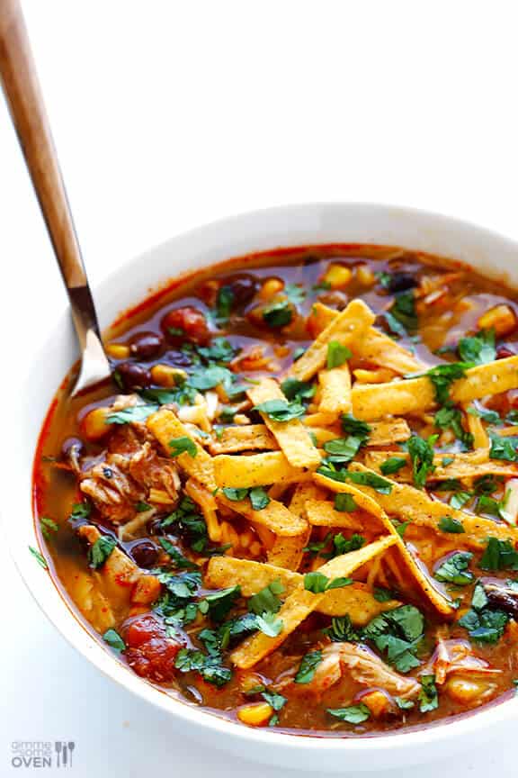 Slow Cooker Chicken Enchilada Soup | gimmesomeoven.com #crockpot Slow Cooker Chicken Enchilada Soup | gimmesomeoven.com #crockpot