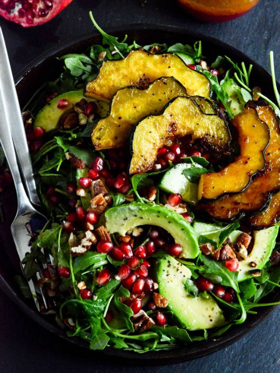 Autumn Arugula Salad with Caramelized Squash and Pomegranate Ginger Vinaigrette | How Sweet Eats Autumn Arugula Salad with Caramelized Squash and Pomegranate Ginger Vinaigrette | How Sweet Eats