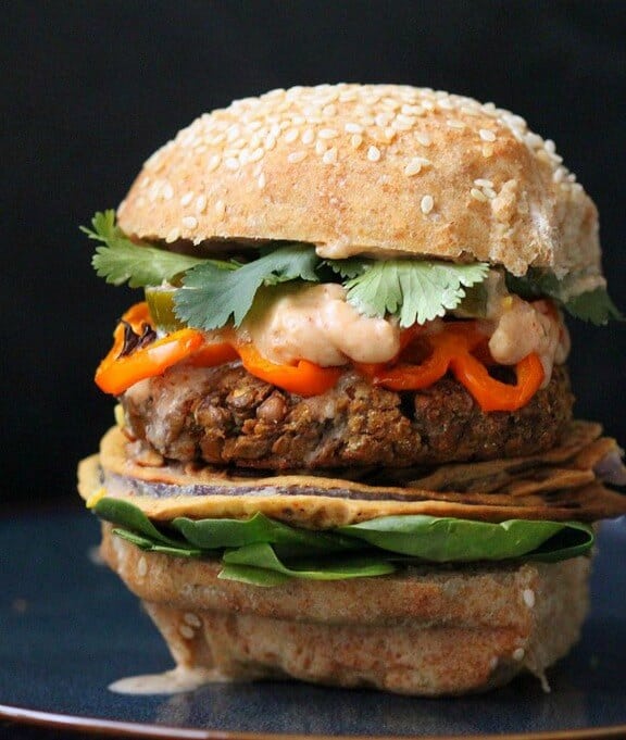 Red Lentil Cauliflower Burgers with Chipotle Habanero Mayo, Onion Rings, and Roasted Peppers | veganricha.com Red Lentil Cauliflower Burgers with Chipotle Habanero Mayo, Onion Rings, and Roasted Peppers | veganricha.com