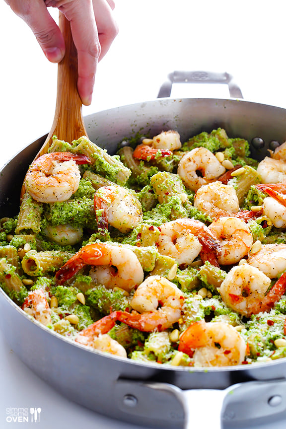 Shrimp Pasta with Broccoli Pesto | gimmesomeoven.com #seafood Shrimp Pasta with Broccoli Pesto | gimmesomeoven.com #seafood