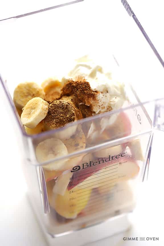 Apple Pie Protein Smoothie -- it's quick, easy, made with everyday ingredients, and so tasty! | gimmesomeoven.com #glutenfree