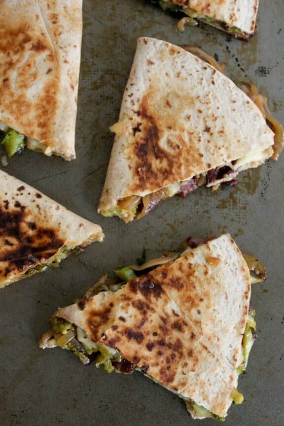 Brie Quesadillas with Brussels Sprouts, Bacon and Beer-Glazed Onions | domesticate-me.com