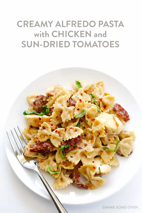 Creamy Pasta with Chicken & Sun-Dried Tomatoes -- ready to go in 30, and made with a lightened-up sauce | gimmesomeoven.com