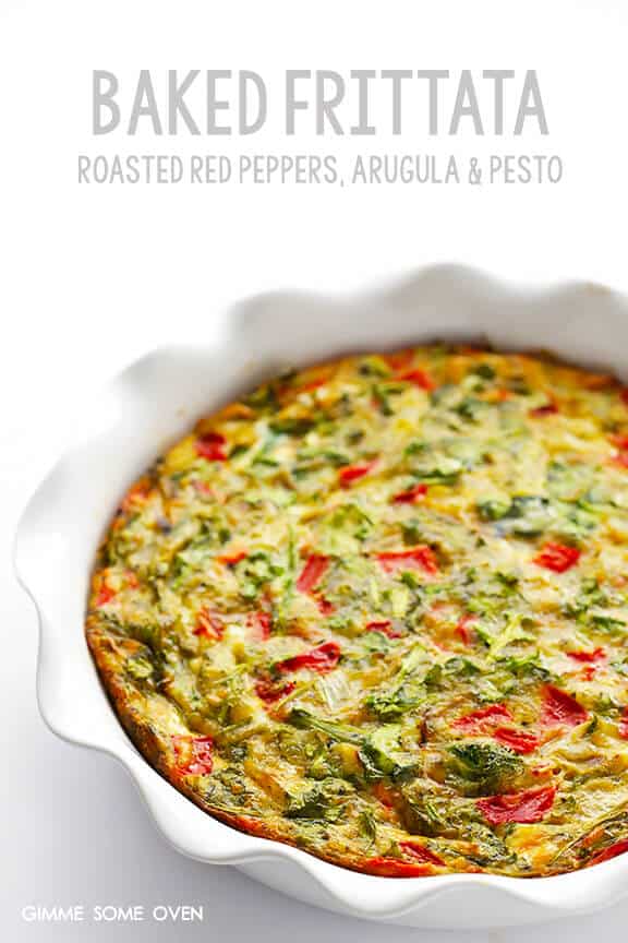 Baked Frittata with Roasted Red Peppers, Arugula and Pesto | gimmesomeoven.com