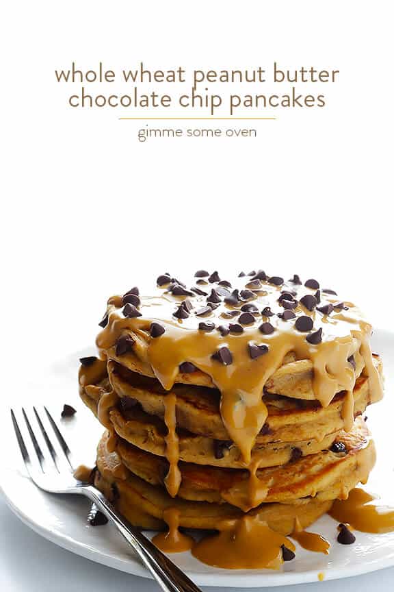 Whole Wheat Peanut Butter Chocolate Chip Pancakes | gimmesomeoven.com