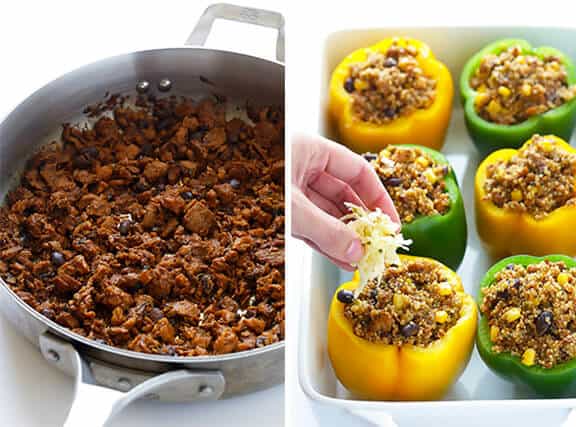 LOVE this 5-Ingredient Vegetarian Stuffed Peppers recipe! It's easy, cheesy, filled with lots of quinoa and black beans, and SO delicious! | gimmesomeoven.com
