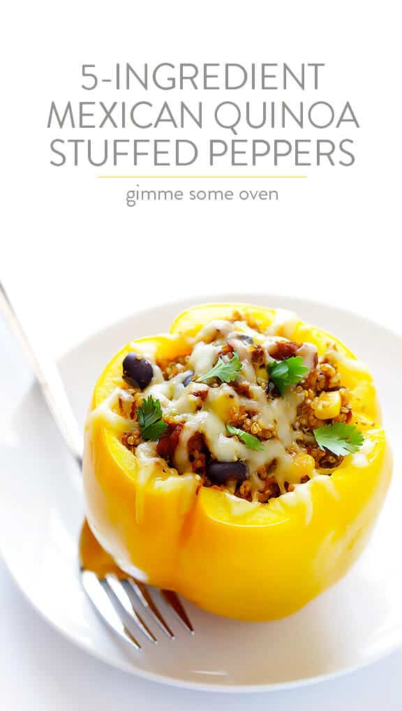 LOVE this 5-Ingredient Vegetarian Stuffed Peppers recipe! It's easy, cheesy, filled with lots of quinoa and black beans, and SO delicious! | gimmesomeoven.com