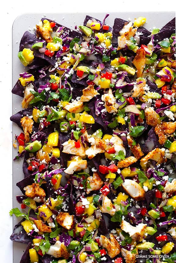 Rainbow Fish Taco Nachos -- easy to make, naturally gluten-free, and guaranteed to be the hit of the party! | gimmesomeoven.com