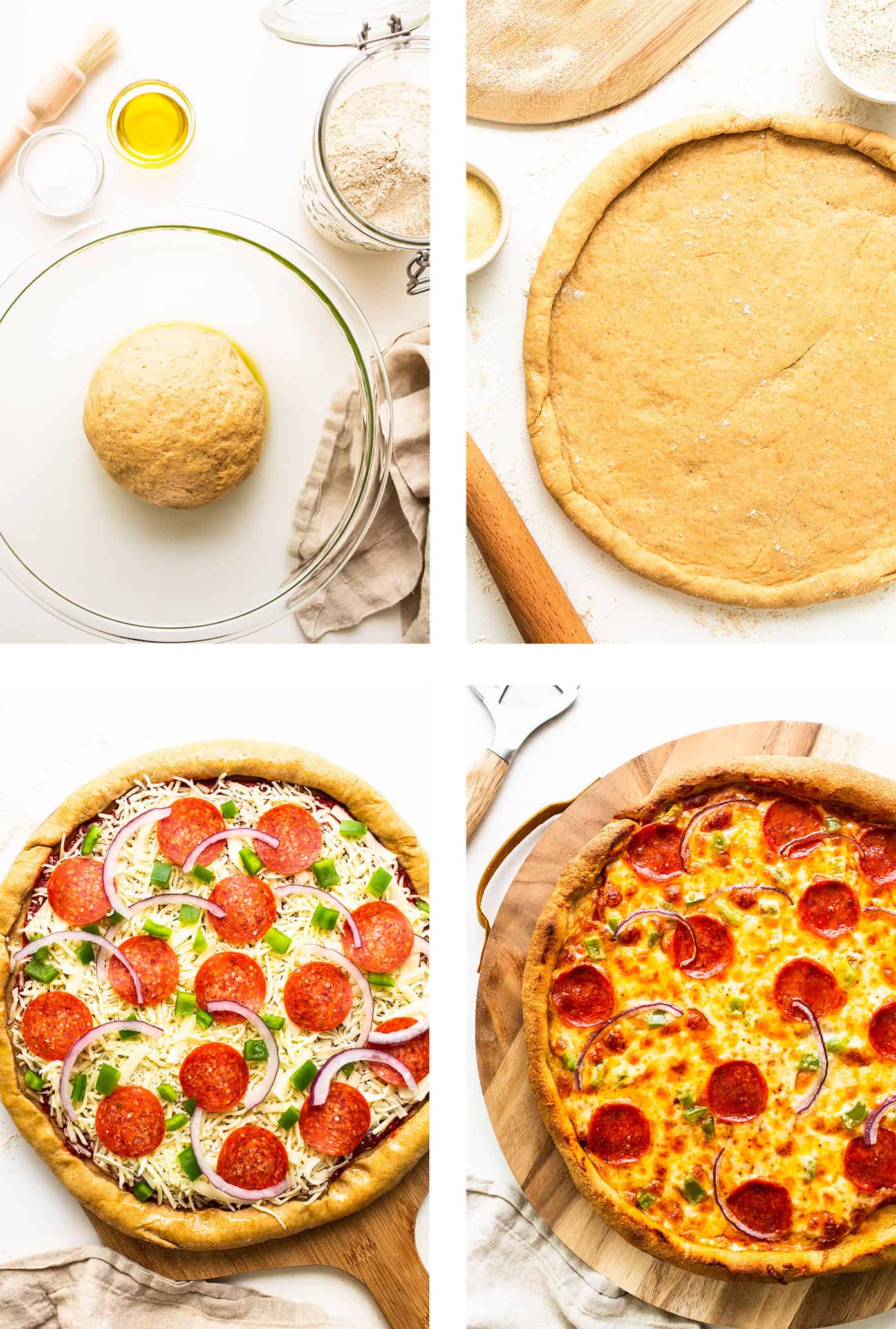 My favorite homemade whole wheat pizza dough recipe is easy to make by hand or with a stand mixer, it's naturally sweetened with a hint of honey, and it's always perfectly chewy and delicious. Feel free to add Italian seasoning, garlic, or Parmesan to your pizza crust too if you'd like! | gimmesomeoven.com Step by step photos for how to make homemade pizza dough