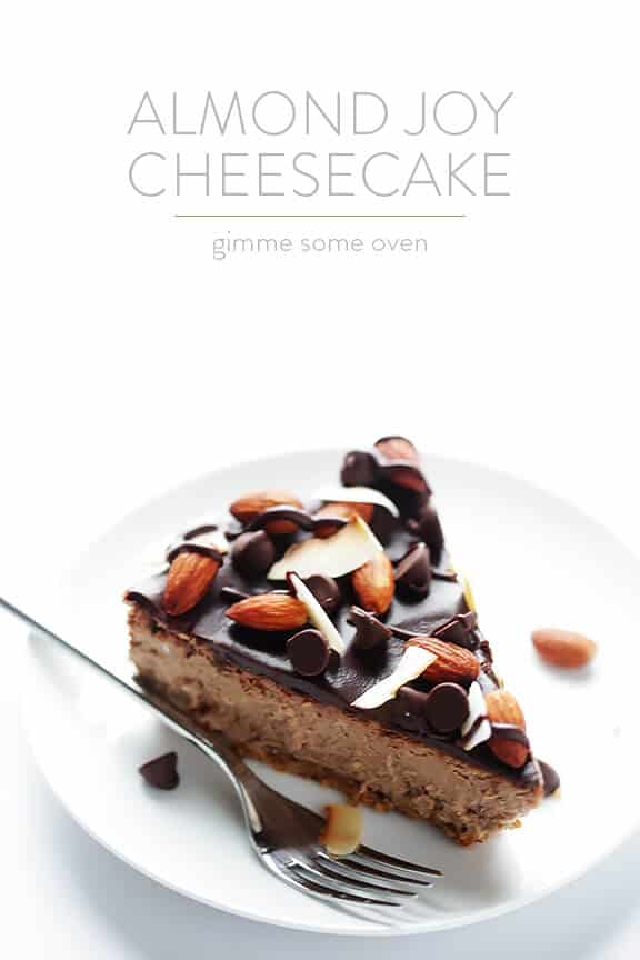 Almond Joy Cheesecake -- made with an easy almond crust, and naturally gluten-free! | gimmesomeoven.com