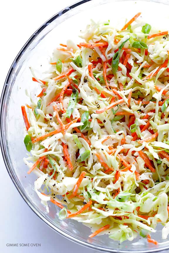 Greek Yogurt Coleslaw -- the classic coleslaw we all love, lightened up with Greek yogurt instead of mayo and ready to go in 5 minutes! | gimmesomeoven.com